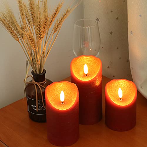 Eldnacele Red Wax Flameless Flickering Candles With 6H Timer, 3D Wick Realistic Battery Operated Pillar Led Candles Set Of 3 For Easter Home Wedding Party Christmas Decoration (D3” X H4”5”6”) #TOP3