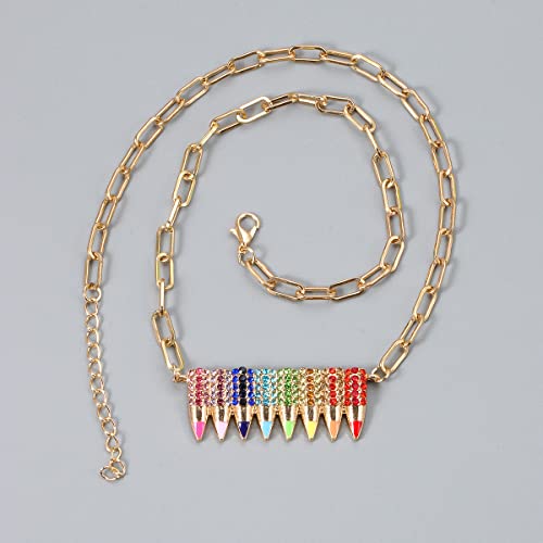 Fuqimanman2020 Colorful Funny Pencil Crystal Pendant Necklace Rhinestone Shining Teacher Professors Students Back To School for Women Rainbow Teacher's Day Gift4