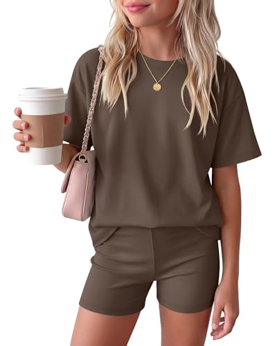 Image of Oakgarden Summer Outfits for Girls 5-14Y Athletic Casual Sets Kid Short Sleeve Shirt Bike Shorts 2 Piece Tween Trendy Clothes