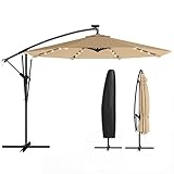 Outsunny Parasol Excéntrico con Luces LED Solares, Ø330 cm, Sombrilla de Jardín con Base Cruzada, Manivela, Funda Protectora y Cuerda de Viento, Anti-UV 50+, para Terraza, Patio, Caqui