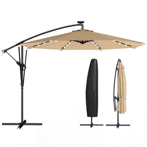 Outsunny Parasol Excéntrico con Luces LED Solares, Ø330 cm, Sombrilla de Jardín con Base Cruzada, Manivela, Funda Protectora y Cuerda de Viento, Anti UV 50+, para Terraza, Patio, Caqui