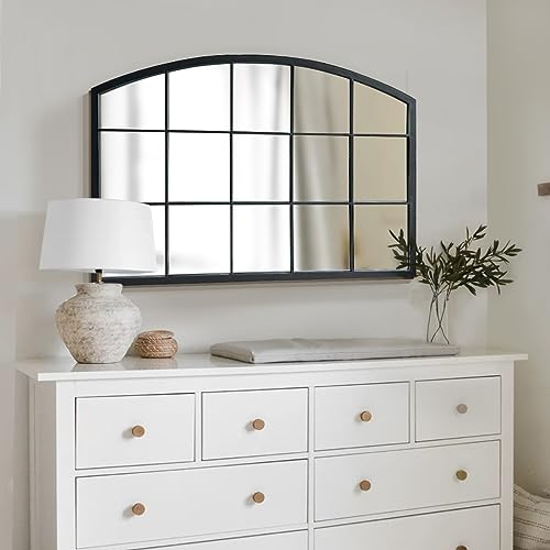 WAMIRRO Wide Window Pane Black MirrorFarmhouse Arched Wall MirrorMantel Mirror for FireplaceEntrywayHallwayLiving Room33X24