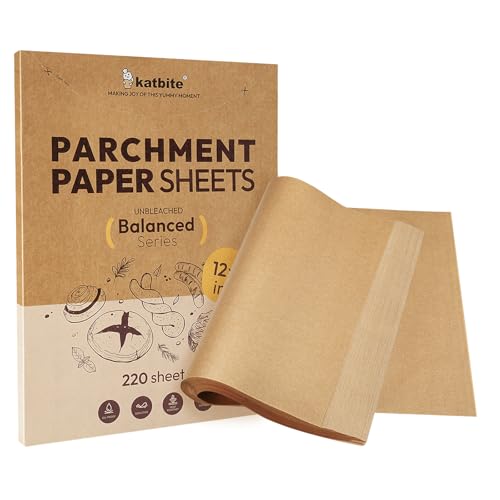 Katbite 220 Pcs Parchment Paper Sheets, 12x16 Inches Unbleached Baking Paper Non-Stick for Gently Baking, Pre-cut Parchment Paper Suitable for Baking, Cooking,Air Fryer [Balanced Series]