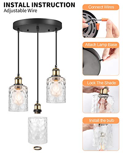 WENFENG 3-Light Pendant Lighting, Adjustable Hanging Light Fixtures, Flush Mount Ceiling Chandelier, Water Ripple Glass Shade E26 Bronze Base, for Kitchen Island Hallway Dinning Room - Thumbnail 4