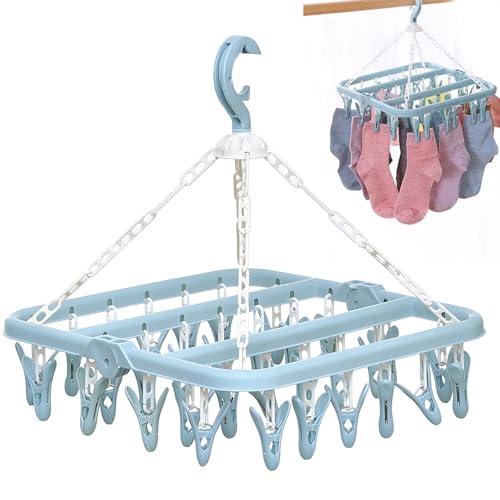 hurifeng 32 Clips Wäscheständer – Faltbarer Kleiderbügel mit vielen Clips, ideal zum Trocknen von Socken, Unterwäsche und kleinen Kleidungsstücken