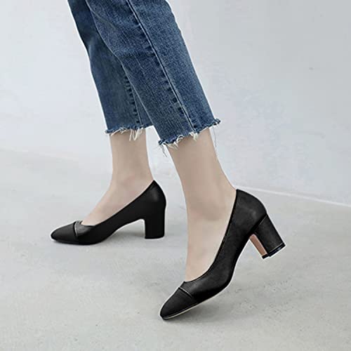 FOWT Low Block Heels Round Cap Toe Pumps for Women Casual Slip On Driving Styles Loafers 2 Inches Summer Sandal Faux Leather Upper Office Dress Shoes Size 5-11 US3