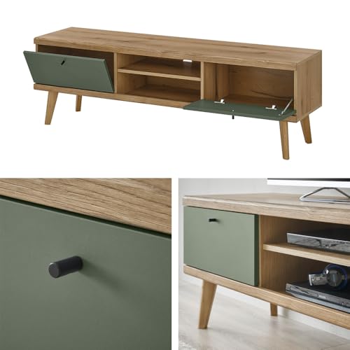 Lomadox Wohnwand Anbauwand in Eiche mit grün Modern 5-teilig, inkl. Couchtisch, Standvitrine, TV-Lowboard, Wandregal, Highboard und Beleuchtung – Bild 8