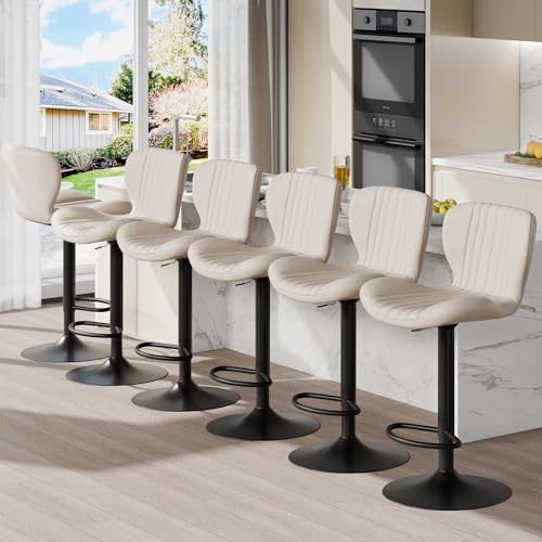 Image of Shintenchi Bar Stools Set of 6 Modern Swivel Bar Chairs, Counter Height Faux Leather Metal Barstools, Upholstered Island Chairs with Back and Footrest, Beige
