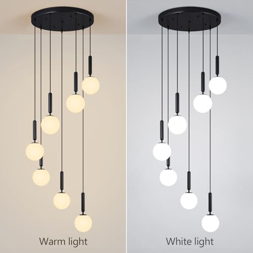 Image of 7-Lights Black Chandelier with Milk White Glass Hanging Fixture Light