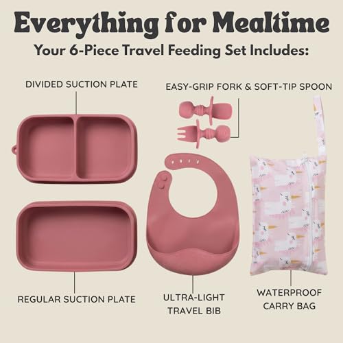 Travel Silicone Baby Feeding Set - Portable Toddler Plates with Suction, Soft Baby Spoon & Fork, Lightweight Foldable Silicone Bib & Waterproof Storage Bag – 6 Piece Set (dark pink)