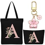 Hestya Set 3 Regalos para Mujer Bolso Tote Personalizado con Inicial Bolsa de Compras de Lona Neceser con Alfabeto Bolso de Maquillaje Llavero con Letra para Amiga Colega Cumpleaños Boda (Negro, A)