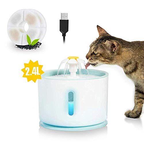 Udream - Fontana d'Acqua per Animali Domestici, con Finestra di Livello dell'Acqua, 2,4 l, Ultra silenziosa, con Luce LED, Luce Notturna a Cascata, Fontana a 3 modalità, con 2 filtri al Carbone (Blu)