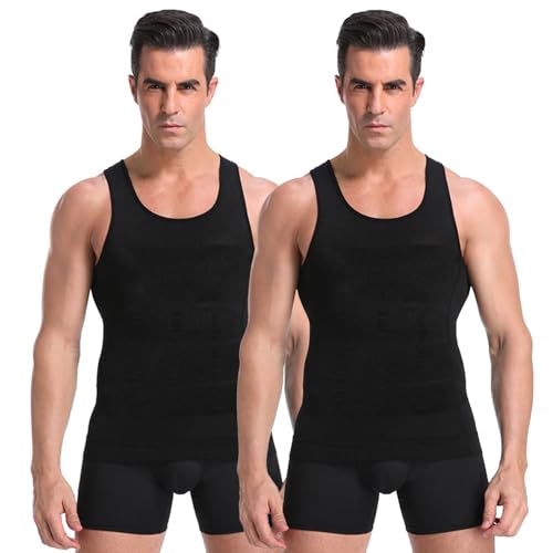 Image of Wearslim Men Compression Shirt For Workout Vest Abs Abdomen Slim Body Shaper Undershirt Slimming Shirt to Hide Gynecomastia Stretchable Tummy Tucker Vest - Pack of 2 - (Black & White)