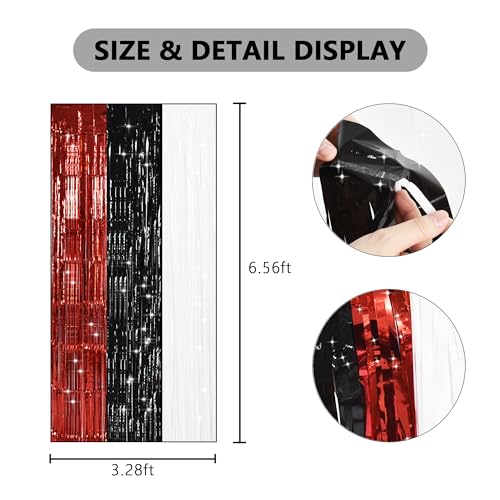 Image of TONIFUL Black Red White Door Streamers,Black Red and White Photo Booth Backdrop Metallic Streamers Foil Fringe Curtain for Birthday,New Year,Graduation,Grad,Baby Shower Party Streamers Decoration