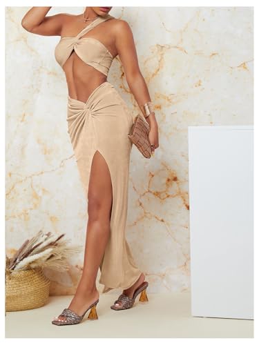 MakeMeChic Women's 2 Piece Outfits Twist One Shoulder Crop Top and Split Thigh Long Skirt Set4