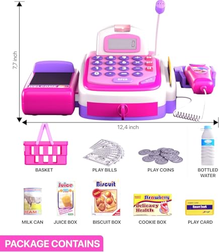 YMCtoys - Products Pretend Play Electronic Cash Register with Realistic Actions & Sounds - Pink - Thumbnail 3