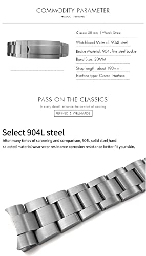 Bracelet montre 20mm acier 904L boucle pliante haute résistance