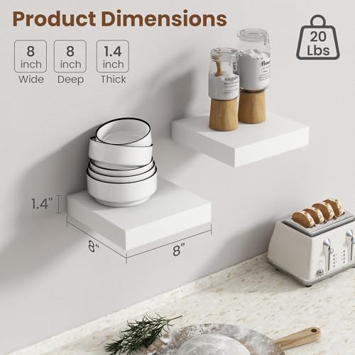 Image of Axeman Square Floating Shelves for Wall, 8 inch W x 8 inch D x 1.4 inch H Rustic Wooden Shelves, 4 Pack Wall Mounted Floating Shelf with Invisible Brackets for Living Room, Bathroom, Kitchen, White Color