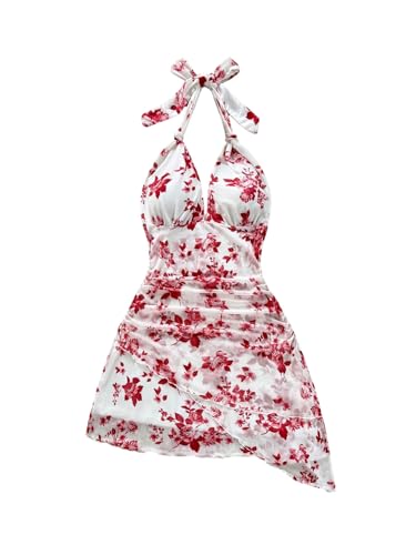 BEAUDRM Women's Floral Print Sleeveless Halter Deep V Tie Mini Dress Ruched Backless Slim Fit Cami Dresses Knot Boho Dress Red Flower and White Small