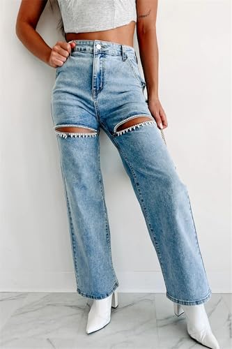 Women's Rhinestone Jeans Straight Legs Baggy Jeans, Summer Casual High Waisted Distressed Denim Pants for Streetwear4