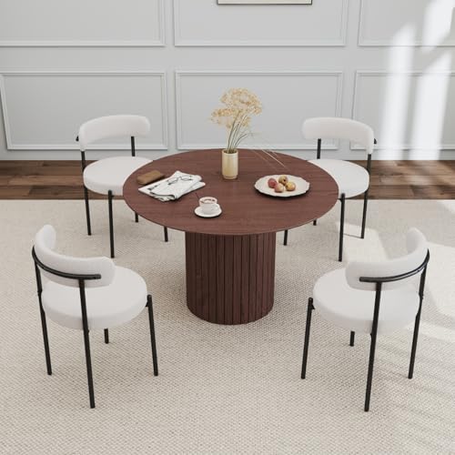 GrandCA HOME Conjunto de Mesa y Sillas de Comedor, Mesa de Comedor Redonda de Madera de 120 cm + 4 Sillas, para 4 6 Personas, en Marrón Oscuro y Blanco