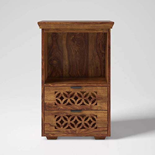 Image of Jangid Handicraft Solid Sheesham Wood Bedside Table for Bedroom | Wooden Bed Side Nightstand End Table with 2 Drawer & Open Shelf Storage for Home & Living Room | Sofa Side Table | Honey Finish