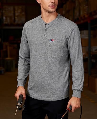 Image of BOCOMAL FR Shirts for Men Long Sleeve EX Soft Flame Resistant Henley CAT2 | NFPA2112 6oz Midweight Cotton Knit Heather Series,Moisture-Wicking /Breathable,Chest Pocket,Rib-Knit Cuffs,Summer Work T Shirt