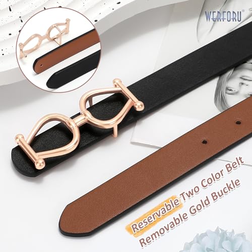 WERFORU Women Reversible Leather Belt for Jeans Pants, Two-in-One Ladies Gold Buckle Black and Brown Leather Belt4