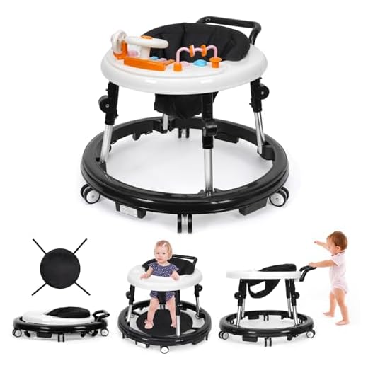 NVW Music and Lights Baby Walker Foldable with 9 Adjustable Heights, Baby Walker with Wheels Portable, Baby Walkers and Activity Center for Boys Girls Babies 7-18 Months (New-Black)