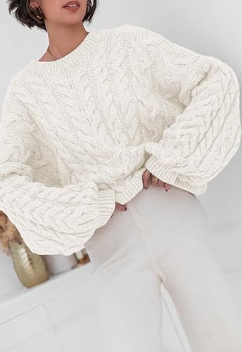 Image of PRETTYGARDEN Womens Sweaters Spring 2026 Cable Knit Long Sleeve Crewneck Oversized Sweater Chunky Pullover Loose Outfits