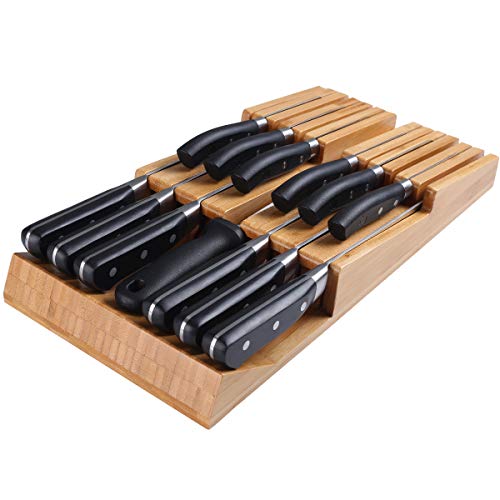 NIUXX In-Drawer Knife Block for 12 KnivesNot included Large Bamboo Washable Cutlery Holder with Removable Slots Kitchen Knife Storage Rack for Sharpening Steel and Cutter