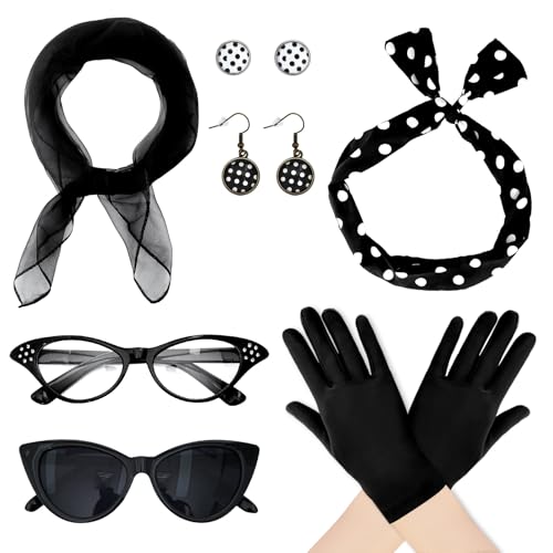 Bcxfbxd 7 Pcs 50s Women Costume Accessories Set 1950s Outfits Accessories Cat Eye Glasses Scarf Bandana Headband Drop Dot Earrings for Girls Party Halloween