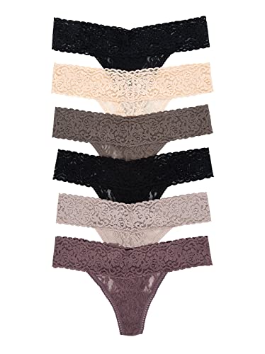 Felina Stretchy Lace Low Rise Thong - Sexy Thong for Women, Seamless Panties (6-Pack) (Black Mink Neutrals, S/M)
