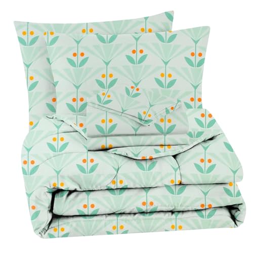 Image of HOMEKART 220 GSM Microfiber 4-Piece Comforter Bedding Set for Double Bed | King Size AC Comforter with Flat Bedsheet (90x100 Inch) & 2 Pillow Covers | Soft, Lightweight & All-Season | Green Leaf