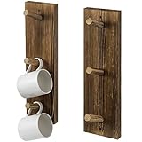 MyGift Wall Mounted Wooden Mug Rack - 3 Hook Rustic Burnt Wood Teacup Mug Storage Organizer, Set of 2