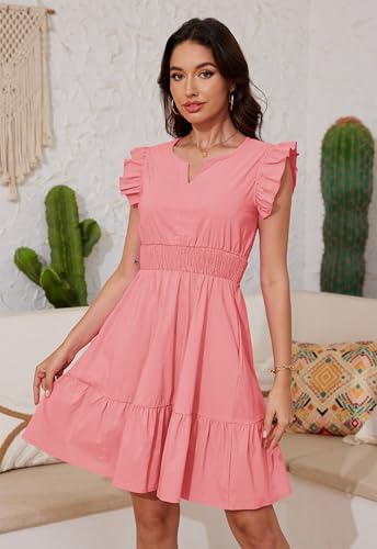 Image of Jayscreate Women's Ruffle Sleeve Layered Dress Pockets Elastic Waist 2025 V Neck Above Knee Summer Casual Cute Dress