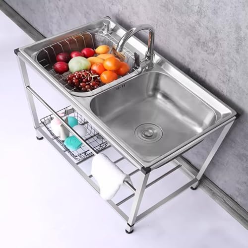 Lavello a doppia vasca in acciaio inox con rubinetto, stazione di lavaggio autoportante per esterni, portatile, con ripiano portaoggetti e kit di scarico (L77 x P 42 x A 75 cm)