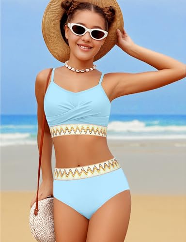 Image of BAVADER Girls Swimsuit 2 Piece Teen Criss Cross Bikini Set Woven Color Block Welt Bathing Suit for Girls Swimwear 9-18T
