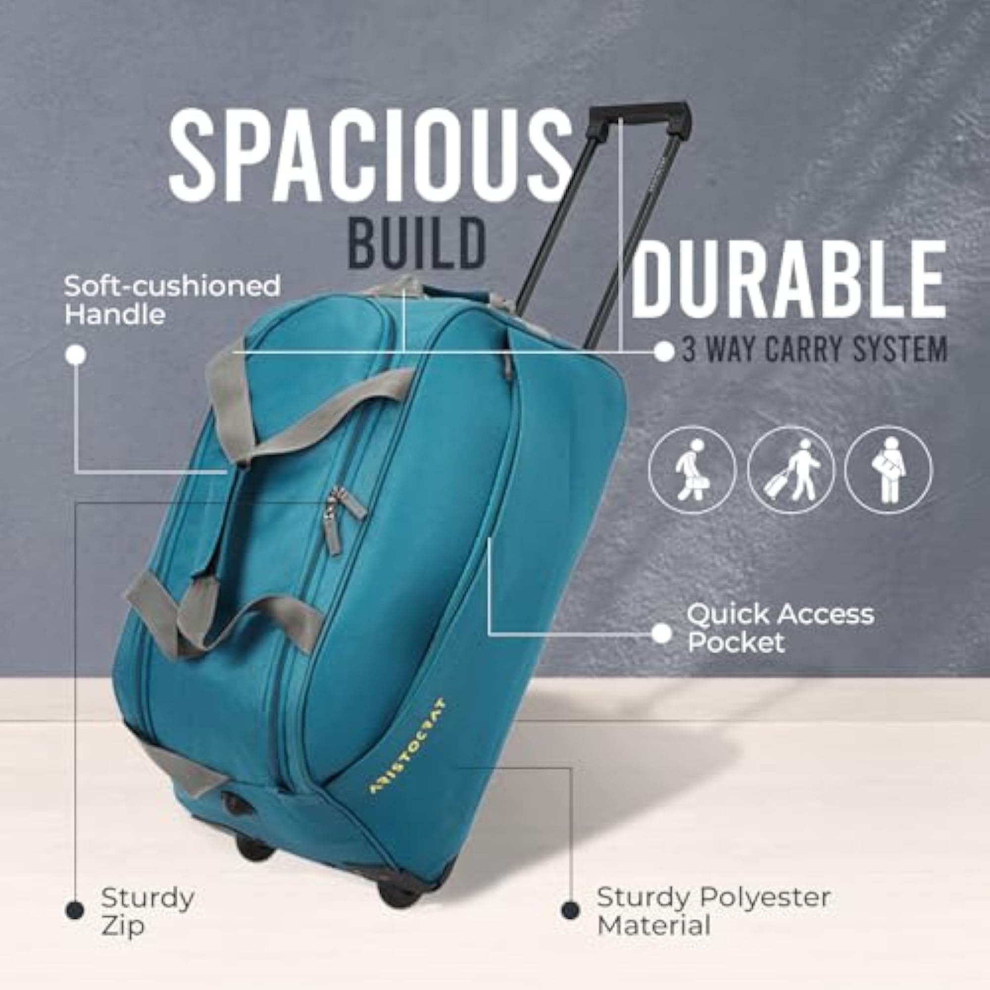 Teal Blue Polyester Wheel Travel Duffle Bag