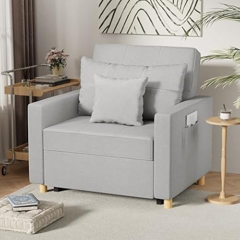 Esright 40 Inch Sleeper Chair Bed 3-in-1 Convertible Futon Multi-Functional Sofa Bed Adjustable Reading Chair with Modern Linen Fabric, Light Grey Cover