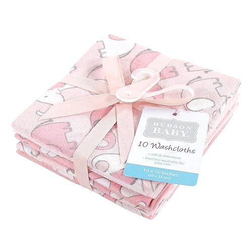 Image of Hudson Baby Unisex Baby Flannel Cotton Poly Washcloths, Girl New Elephant 10-Pack, One Size