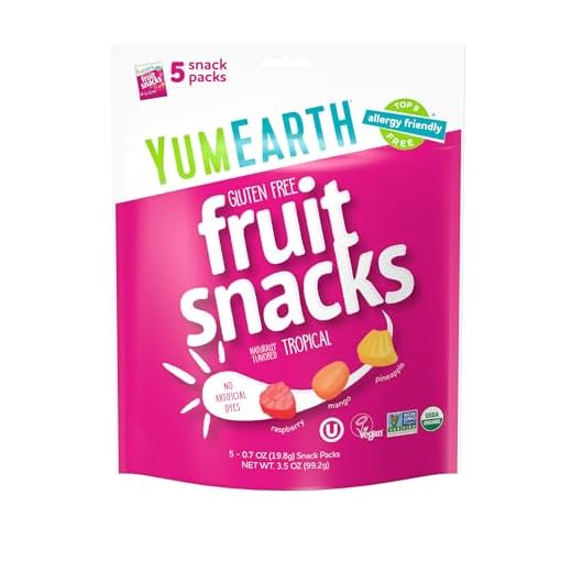 YumEarth Organic Tropical Flavored Fruit Snacks, 60- 0.7oz. Snack Packs, Allergy Friendly, Gluten Free, Non-GMO, Vegan, No Artificial Flavors or Dyes