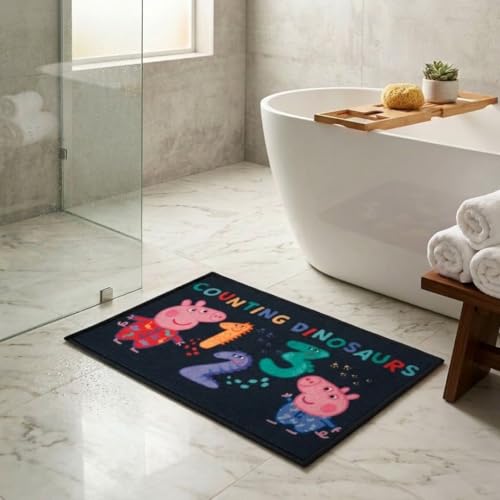 Athom Living Peppa Pig Counting Dinosaurs Kids Bathmat – Premium Multicolor Nylon Mat with Anti-Skid Latex Backing, Durable, Washable & Soft for Kids Room, 37 x 57 cm, Pack of 1
