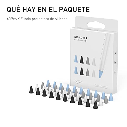Delidigi 40 PC Funda de Punta Silicona Compatible con Apple Pencil 1ª Gen/ 2ª Generación,Antideslizante Cubiertas de Punta para Escritura Accesorios de Protección (Azul, Negro, Gris, Blanco)