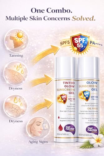 Image of Get Nectar Happiness SPF 55 PA+++ Combo | Tinted Sunscreen + Glow Sunscreen Gel | Broad Spectrum UVA & UVB Protection | No White Cast | non-greasy | Suitable for All Skin Types (Pack of 2, 50ml Each)