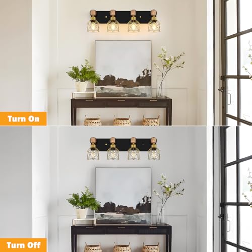 Image of FadimiKoo Farmhouse Bathroom Vanity Light Fixtures, 4-Light Wood Bathroom Lighting Over Mirror, Rustic Black Gold Sconces Wall Lighting with Metal Lampshade for Living Room, Bedroom, Hallway