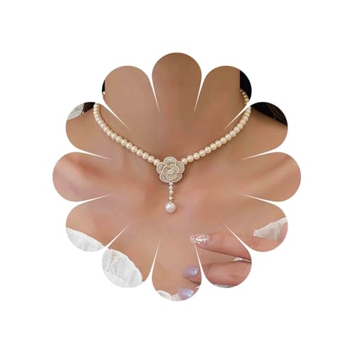 Inateannal Collier Tour De Cou Perle Boho Collier Pendentif Fleur Perle Collier Perle D'eau Douce Collier Camélia Blanc Chaîne Collier Fleur De Camélia Collier Pendentif Perle De Cristal