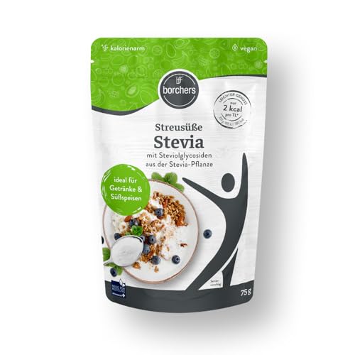BORCHERS Streusüße Stevia 75g, Stevia-Maltodextrin Mischung, 1:1 wie Zucker, kalorienarm & zuckerfrei, leicht löslich, Zuckerersatz, Zuckeralternative