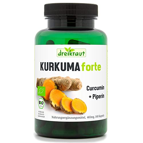 dreikraut - Kurkuma Forte Bio | Curcumin 95% + Kurkuma + Piperin | 160 vegane Kapseln | Deutsche Herstellung | frei von Zusätzen