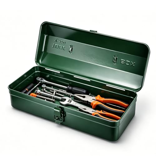Metal Tool Box with Handle 14 Inch Lockable Portable Metal Storage Box with Lid Professional Steel Hardware Organiser for Garage Workshop Home Ideal for Wrenches Screwdrivers Small Parts
